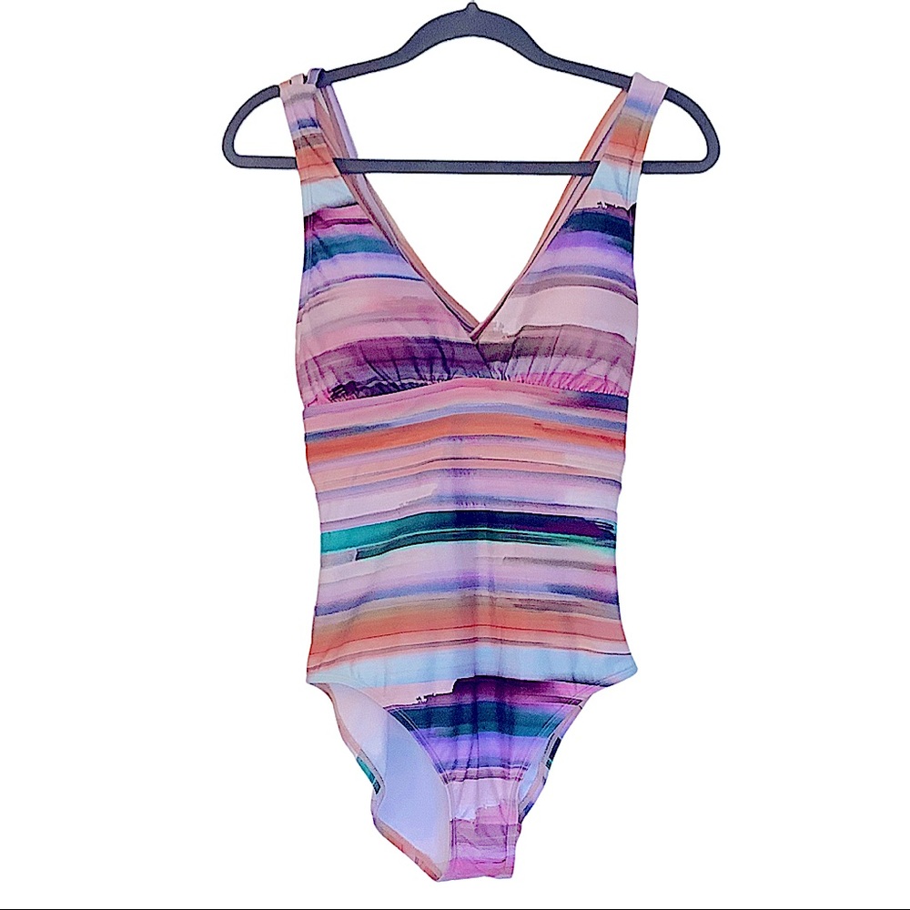 La Blanca Ocean Tides Striped One-Piece Open Back Swimsuit, Size 8 - Picture 3 of 8